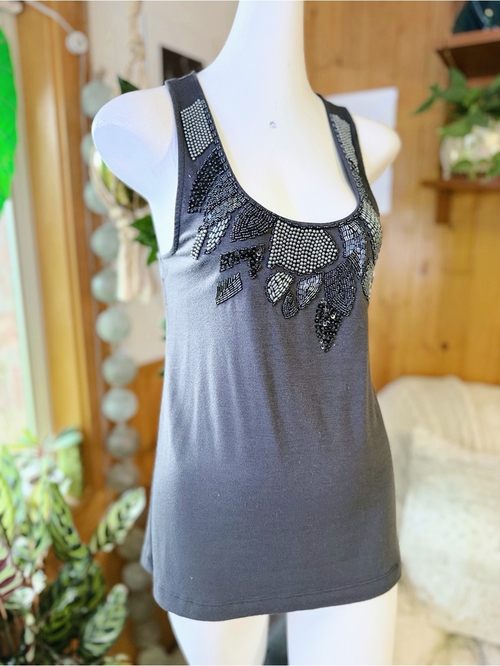 Twenty One Forever 21 Gray Beaded Embellished Racerback Tank Top M Y2K - Picture 2 of 10